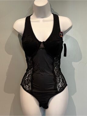 Rene Rofe Black Lace Sheer Bodysuit Lingerie Small New with Tags